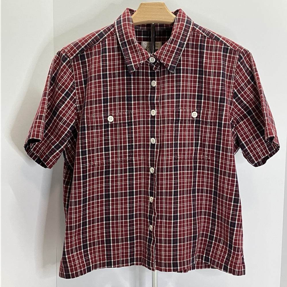 Christopher & Banks Womens Red Plaid VTG Cropped Relaxed Button Down Shirt Sz L